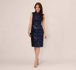 Adrianna Papell Sequin Lace Sleeveless Midi Dress With Mock Neck In Navy -Adrianna Papell Shop AP1E210621 AA412 Regular Side
