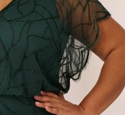 Adrianna Papell Plus Size Beaded Blouson Mermaid Gown With Sheer Dolman Sleeves In Dusty Emerald -Adrianna Papell Shop AP1E210622 AA302 Plus Lifestyle