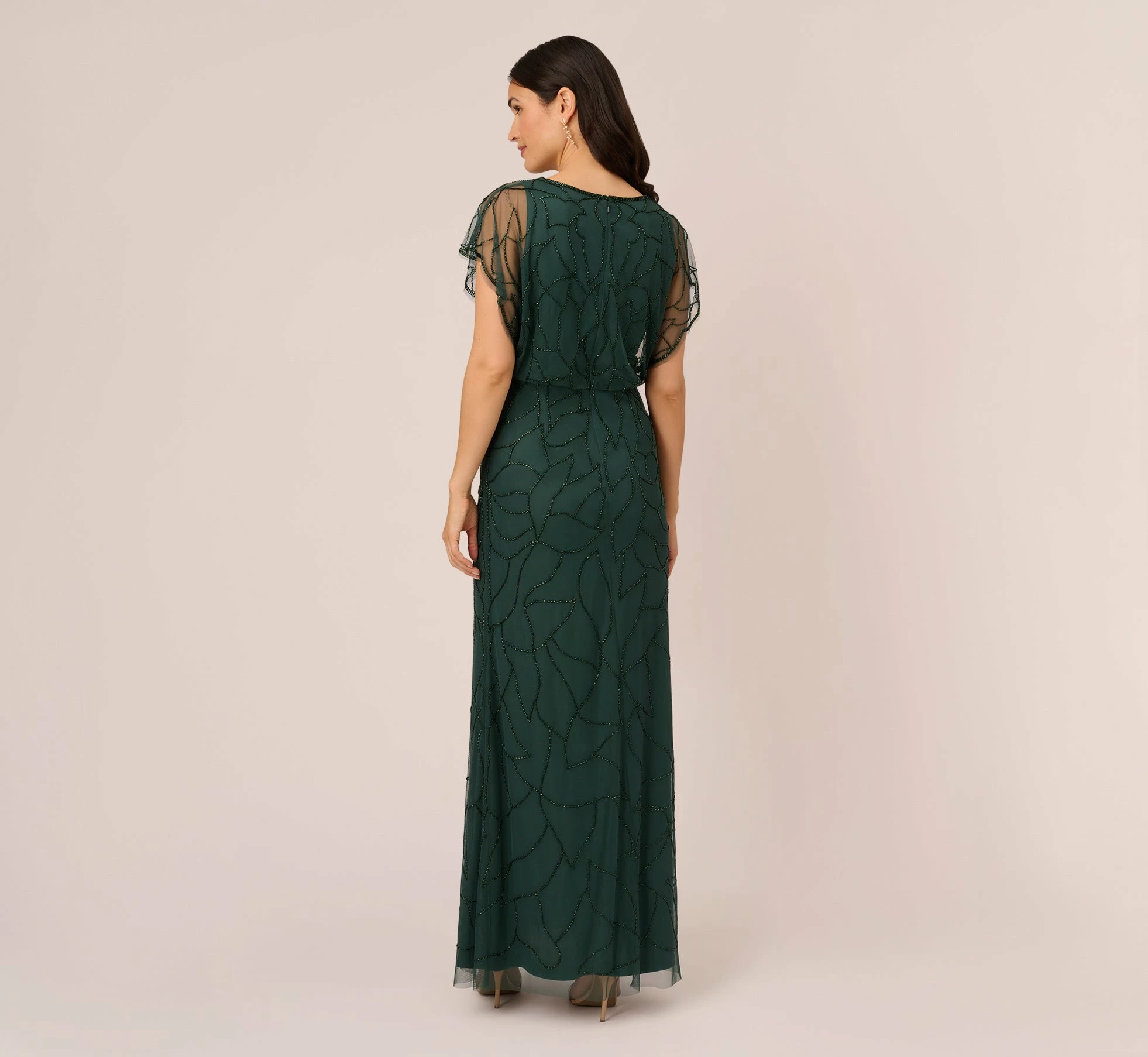 Adrianna Papell Beaded Blouson Mermaid Gown With Sheer Dolman Sleeves In Dusty Emerald 4 Adrianna Papell Beaded Blouson Mermaid Gown With Sheer Dolman Sleeves In Dusty Emerald - Image 4