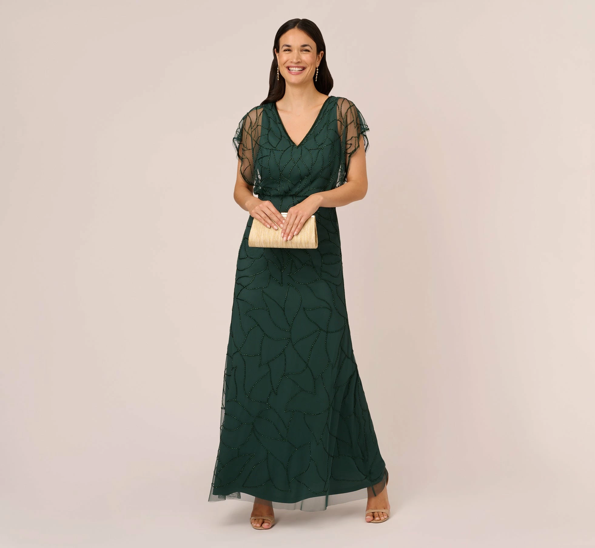 Adrianna Papell Beaded Blouson Mermaid Gown With Sheer Dolman Sleeves In Dusty Emerald 2 Adrianna Papell Beaded Blouson Mermaid Gown With Sheer Dolman Sleeves In Dusty Emerald - Image 2