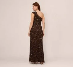Adrianna Papell One Shoulder Beaded Mermaid Gown In Chocolate -Adrianna Papell Shop AP1E210627 AA201 Regular Back