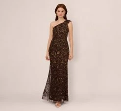 Adrianna Papell One Shoulder Beaded Mermaid Gown In Chocolate