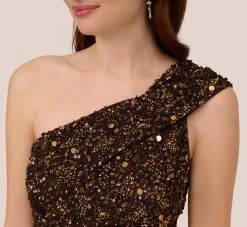 Adrianna Papell One Shoulder Beaded Mermaid Gown In Chocolate -Adrianna Papell Shop AP1E210627 AA201 Regular Detail