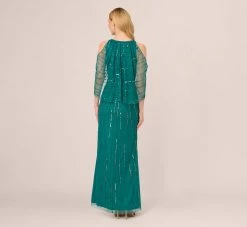 Adrianna Papell Cold Shoulder Beaded Cape Gown In Vivid Emerald 12 Adrianna Papell Cold Shoulder Beaded Cape Gown In Vivid Emerald -Adrianna Papell Shop AP1E210651 AA314 Regular Back