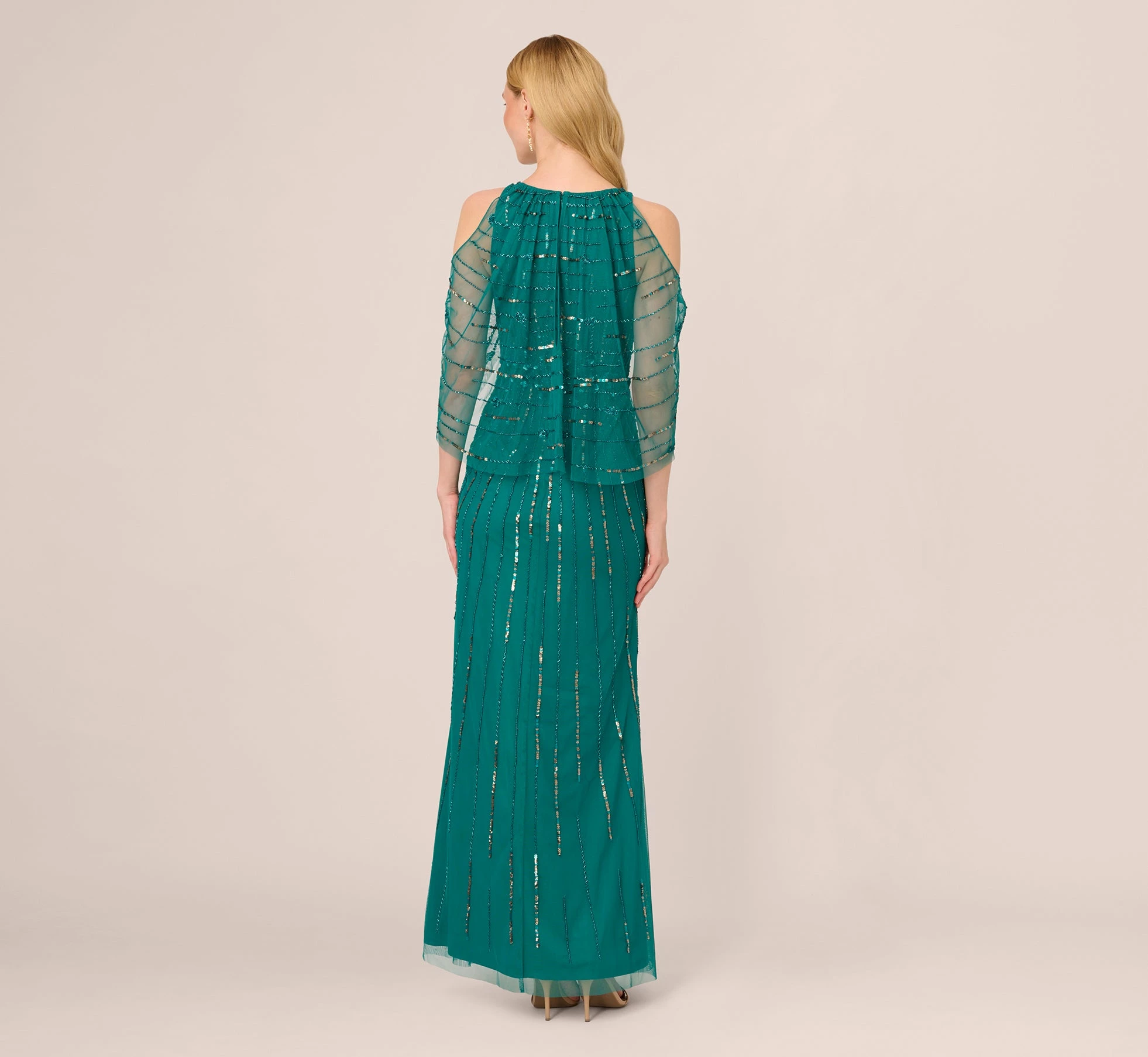 Adrianna Papell Cold Shoulder Beaded Cape Gown In Vivid Emerald 6 Adrianna Papell Cold Shoulder Beaded Cape Gown In Vivid Emerald - Image 6