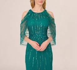 Adrianna Papell Cold Shoulder Beaded Cape Gown In Vivid Emerald 10 Adrianna Papell Cold Shoulder Beaded Cape Gown In Vivid Emerald -Adrianna Papell Shop AP1E210651 AA314 Regular Detail