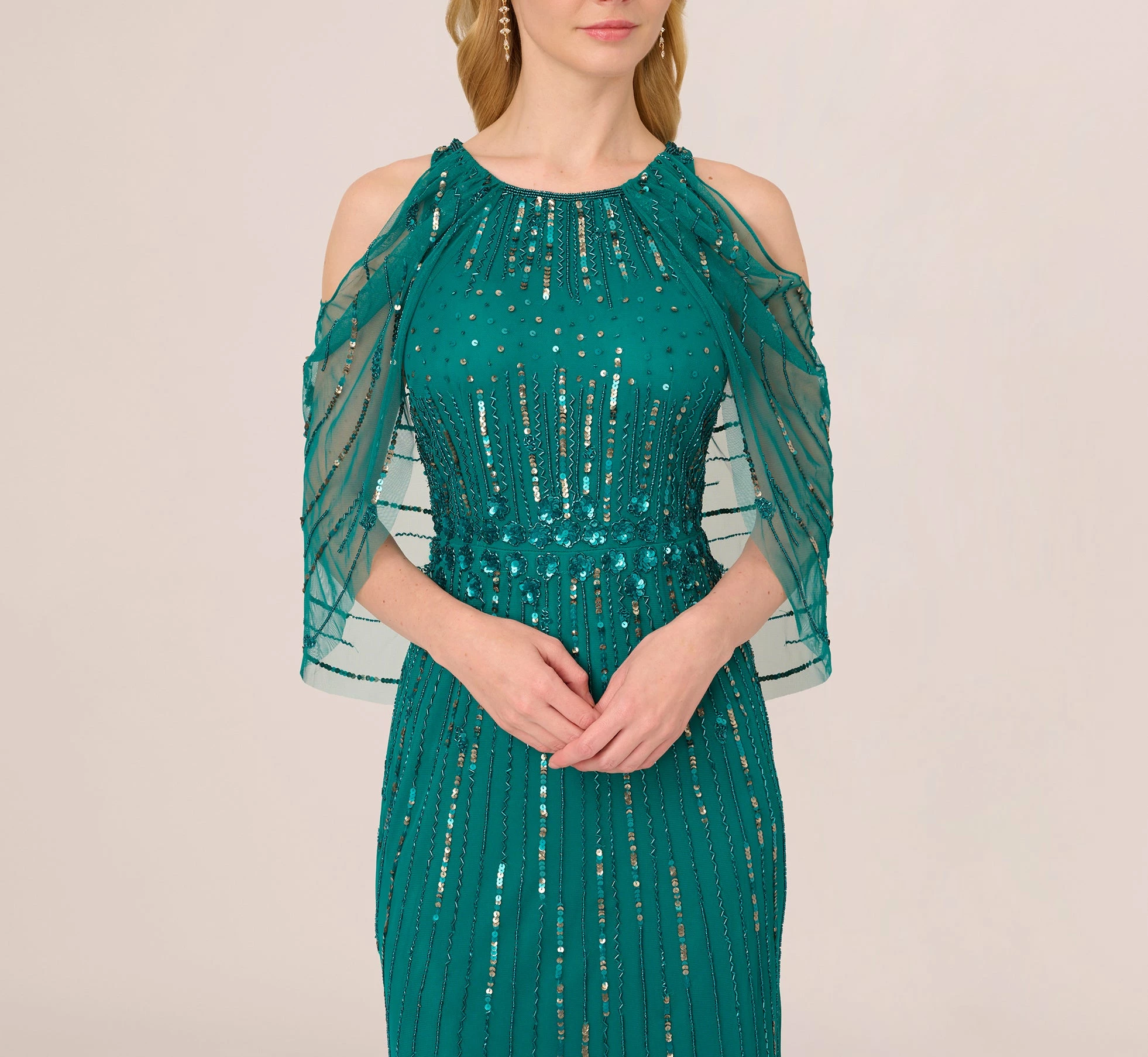 Adrianna Papell Cold Shoulder Beaded Cape Gown In Vivid Emerald 4 Adrianna Papell Cold Shoulder Beaded Cape Gown In Vivid Emerald - Image 4