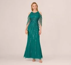 Adrianna Papell Cold Shoulder Beaded Cape Gown In Vivid Emerald 9 Adrianna Papell Cold Shoulder Beaded Cape Gown In Vivid Emerald -Adrianna Papell Shop AP1E210651 AA314 Regular Side