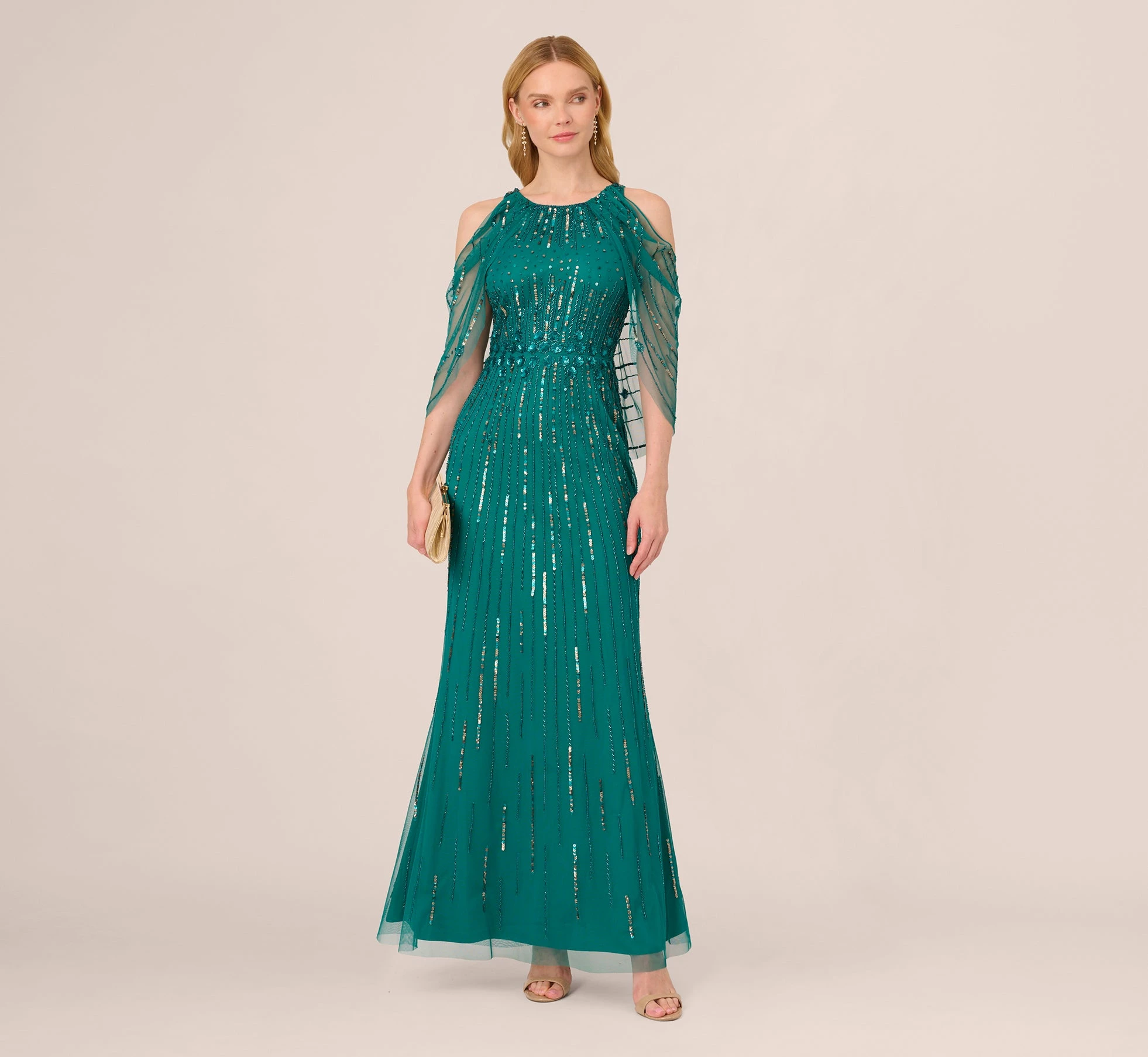 Adrianna Papell Cold Shoulder Beaded Cape Gown In Vivid Emerald 3 Adrianna Papell Cold Shoulder Beaded Cape Gown In Vivid Emerald - Image 3