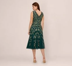 Adrianna Papell Floral Beaded Midi Dress With Godet Skirt In Gem Green -Adrianna Papell Shop AP1E210652 AW303 Regular Back