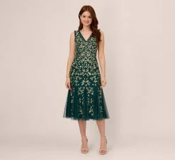 Adrianna Papell Floral Beaded Midi Dress With Godet Skirt In Gem Green
