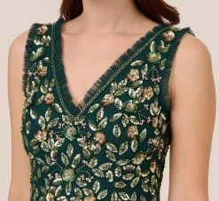 Adrianna Papell Floral Beaded Midi Dress With Godet Skirt In Gem Green -Adrianna Papell Shop AP1E210652 AW303 Regular Detail