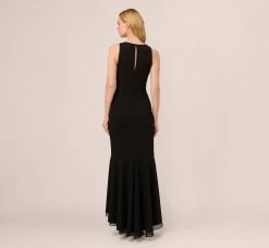 Adrianna Papell High Low Crepe Halter Gown With Organza Draping In Black -Adrianna Papell Shop AP1E210658 AA002 Regular Back