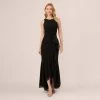 Adrianna Papell High Low Crepe Halter Gown With Organza Draping In Black