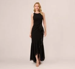 Adrianna Papell High Low Crepe Halter Gown With Organza Draping In Black