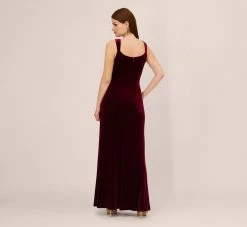 Adrianna Papell Sleeveless Shirred Velvet Mermaid Gown With Ruffle Accent In Burgundy -Adrianna Papell Shop AP1E210662 AC506 Regular Back