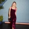 Adrianna Papell Sleeveless Shirred Velvet Mermaid Gown With Ruffle Accent In Burgundy