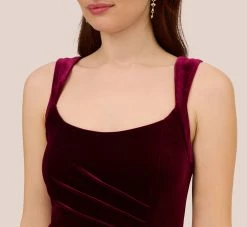 Adrianna Papell Sleeveless Shirred Velvet Mermaid Gown With Ruffle Accent In Burgundy -Adrianna Papell Shop AP1E210662 AC506 Regular Detail