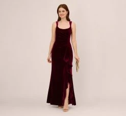 Adrianna Papell Sleeveless Shirred Velvet Mermaid Gown With Ruffle Accent In Burgundy -Adrianna Papell Shop AP1E210662 AC506 Regular Side