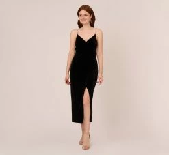 Adrianna Papell Velvet Ankle-Length Wrap Gown With Stone Straps In Black