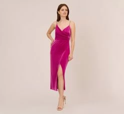 Adrianna Papell Velvet Ankle-Length Wrap Gown With Stone Straps In Orchid Delight