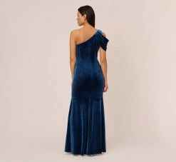 Adrianna Papell One Shoulder Velvet Mermaid Gown With Drape Sleeve In Ocean Wave -Adrianna Papell Shop AP1E210666 AU473 Regular Back