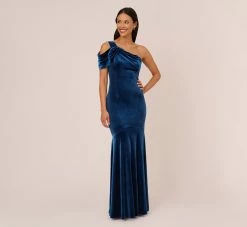 Adrianna Papell One Shoulder Velvet Mermaid Gown With Drape Sleeve In Ocean Wave