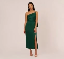 Adrianna Papell Satin Crepe One Shoulder Gown With Metal Ring Accent In Deep Forest