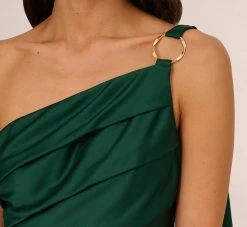 Adrianna Papell Satin Crepe One Shoulder Gown With Metal Ring Accent In Deep Forest -Adrianna Papell Shop AP1E210669 AH303 Regular Detail