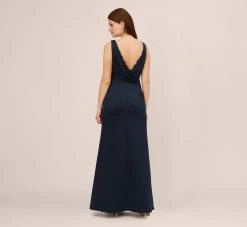 Adrianna Papell Satin Crepe Mermaid Gown With Lace Accent Cowl Back In Dark Navy -Adrianna Papell Shop AP1E210671 AB010 Regular Back