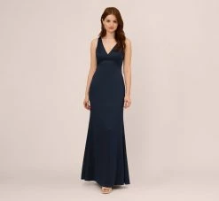 Adrianna Papell Satin Crepe Mermaid Gown With Lace Accent Cowl Back In Dark Navy
