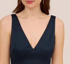 Adrianna Papell Satin Crepe Mermaid Gown With Lace Accent Cowl Back In Dark Navy -Adrianna Papell Shop AP1E210671 AB010 Regular Detail