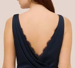 Adrianna Papell Satin Crepe Mermaid Gown With Lace Accent Cowl Back In Dark Navy -Adrianna Papell Shop AP1E210671 AB010 Regular Lifestyle