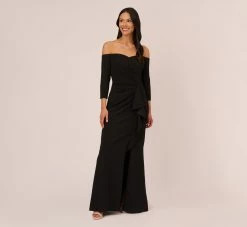 Adrianna Papell Off The Shoulder Cascading Ruffle Gown In Black