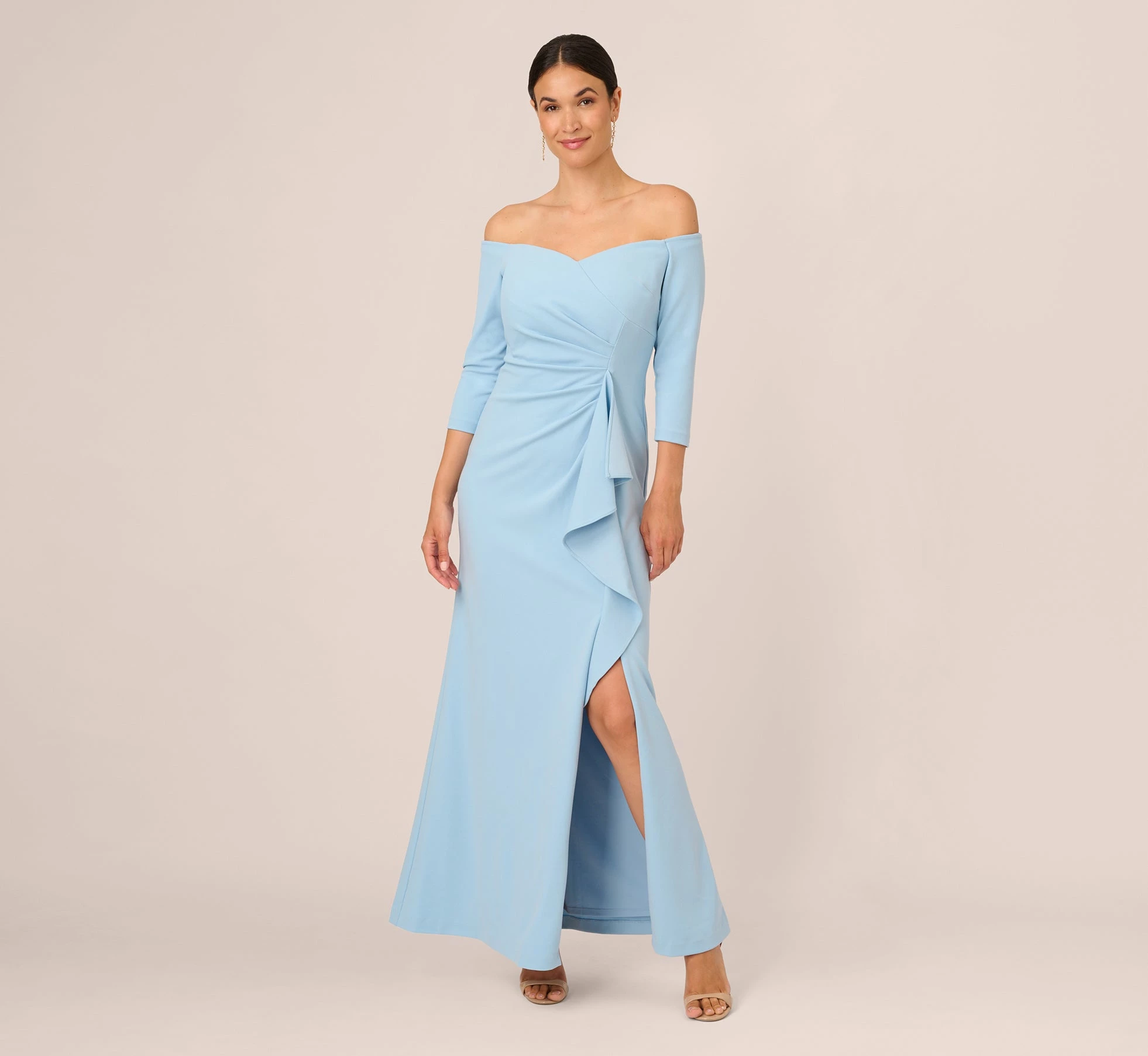 Adrianna Papell Off The Shoulder Cascading Ruffle Gown In Blue Mist 1 Adrianna Papell Off The Shoulder Cascading Ruffle Gown In Blue Mist