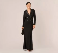 Adrianna Papell Long Sleeve Tuxedo Gown With Jeweled Buttons In Black -Adrianna Papell Shop AP1E210677 AA002 Regular Side