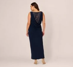 Adrianna Papell Plus Size Sleeveless Jersey Gown With Embellished Lace Cowl Back In Midnight 9 Adrianna Papell Plus Size Sleeveless Jersey Gown With Embellished Lace Cowl Back In Midnight -Adrianna Papell Shop AP1E210681 AB411 Plus Back