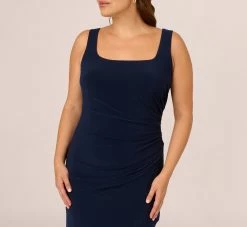 Adrianna Papell Plus Size Sleeveless Jersey Gown With Embellished Lace Cowl Back In Midnight 8 Adrianna Papell Plus Size Sleeveless Jersey Gown With Embellished Lace Cowl Back In Midnight -Adrianna Papell Shop AP1E210681 AB411 Plus Detail