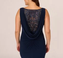 Adrianna Papell Plus Size Sleeveless Jersey Gown With Embellished Lace Cowl Back In Midnight 10 Adrianna Papell Plus Size Sleeveless Jersey Gown With Embellished Lace Cowl Back In Midnight -Adrianna Papell Shop AP1E210681 AB411 Plus Lifestyle