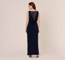 Adrianna Papell Sleeveless Jersey Gown With Embellished Lace Cowl Back In Midnight 9 Adrianna Papell Sleeveless Jersey Gown With Embellished Lace Cowl Back In Midnight -Adrianna Papell Shop AP1E210681 AB411 Regular Back