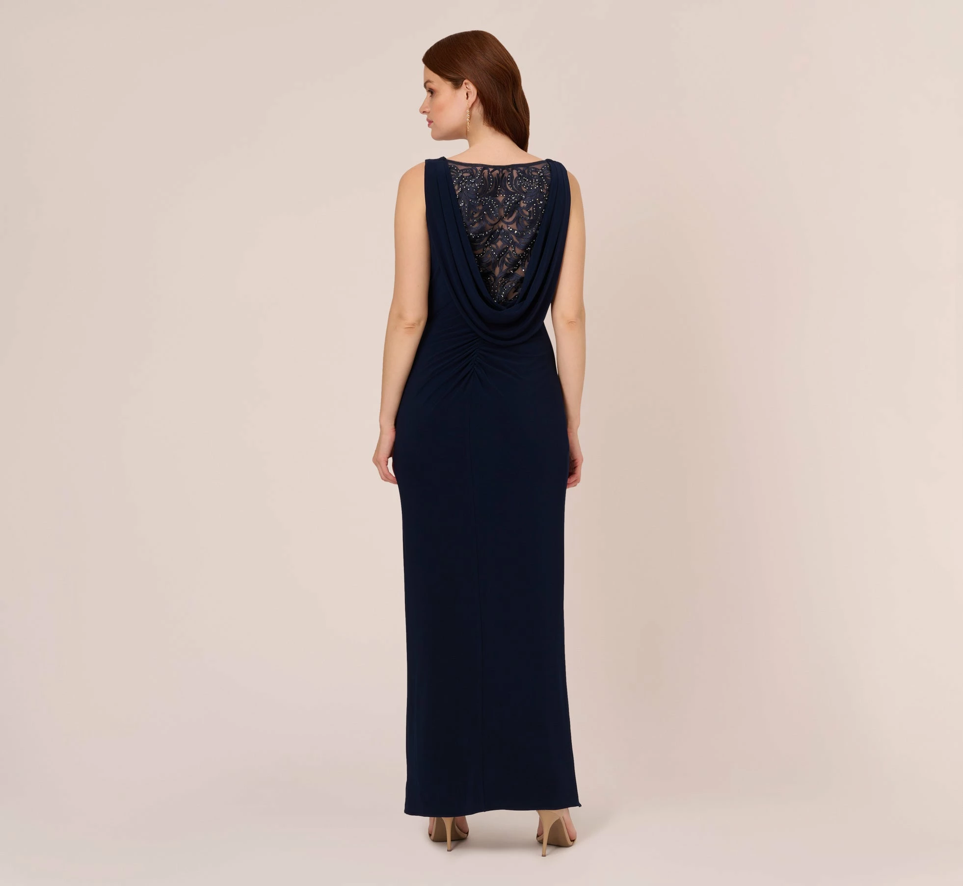 Adrianna Papell Sleeveless Jersey Gown With Embellished Lace Cowl Back In Midnight 4 Adrianna Papell Sleeveless Jersey Gown With Embellished Lace Cowl Back In Midnight - Image 4