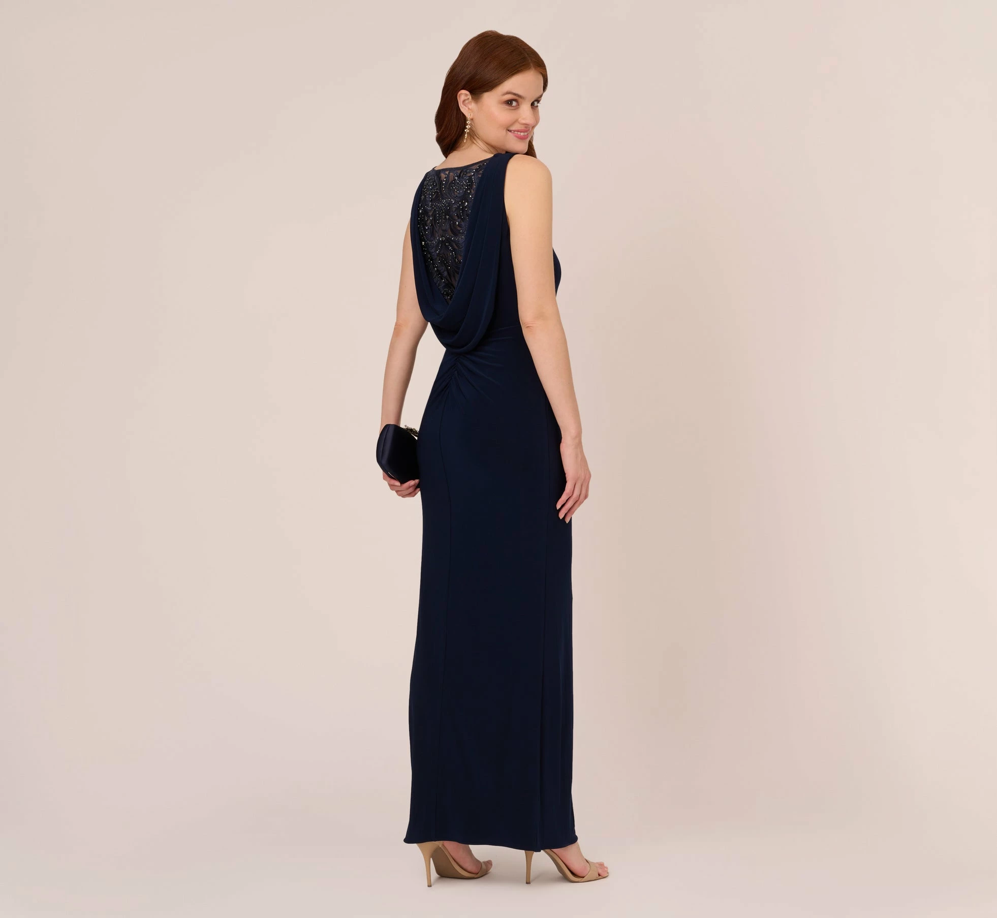 Adrianna Papell Sleeveless Jersey Gown With Embellished Lace Cowl Back In Midnight 2 Adrianna Papell Sleeveless Jersey Gown With Embellished Lace Cowl Back In Midnight - Image 2
