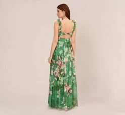 Adrianna Papell Floral Chiffon Tiered Gown With Ruffle Details In Green Multi 9 Adrianna Papell Floral Chiffon Tiered Gown With Ruffle Details In Green Multi -Adrianna Papell Shop AP1E210741 AA390 Regular Back
