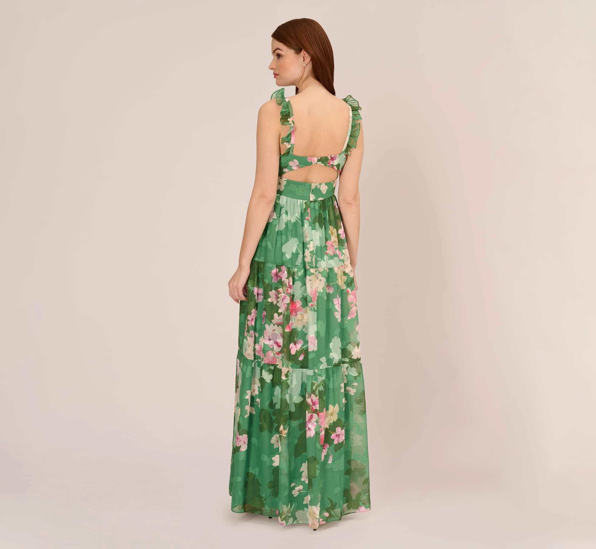 Adrianna Papell Floral Chiffon Tiered Gown With Ruffle Details In Green Multi 4 Adrianna Papell Floral Chiffon Tiered Gown With Ruffle Details In Green Multi - Image 4