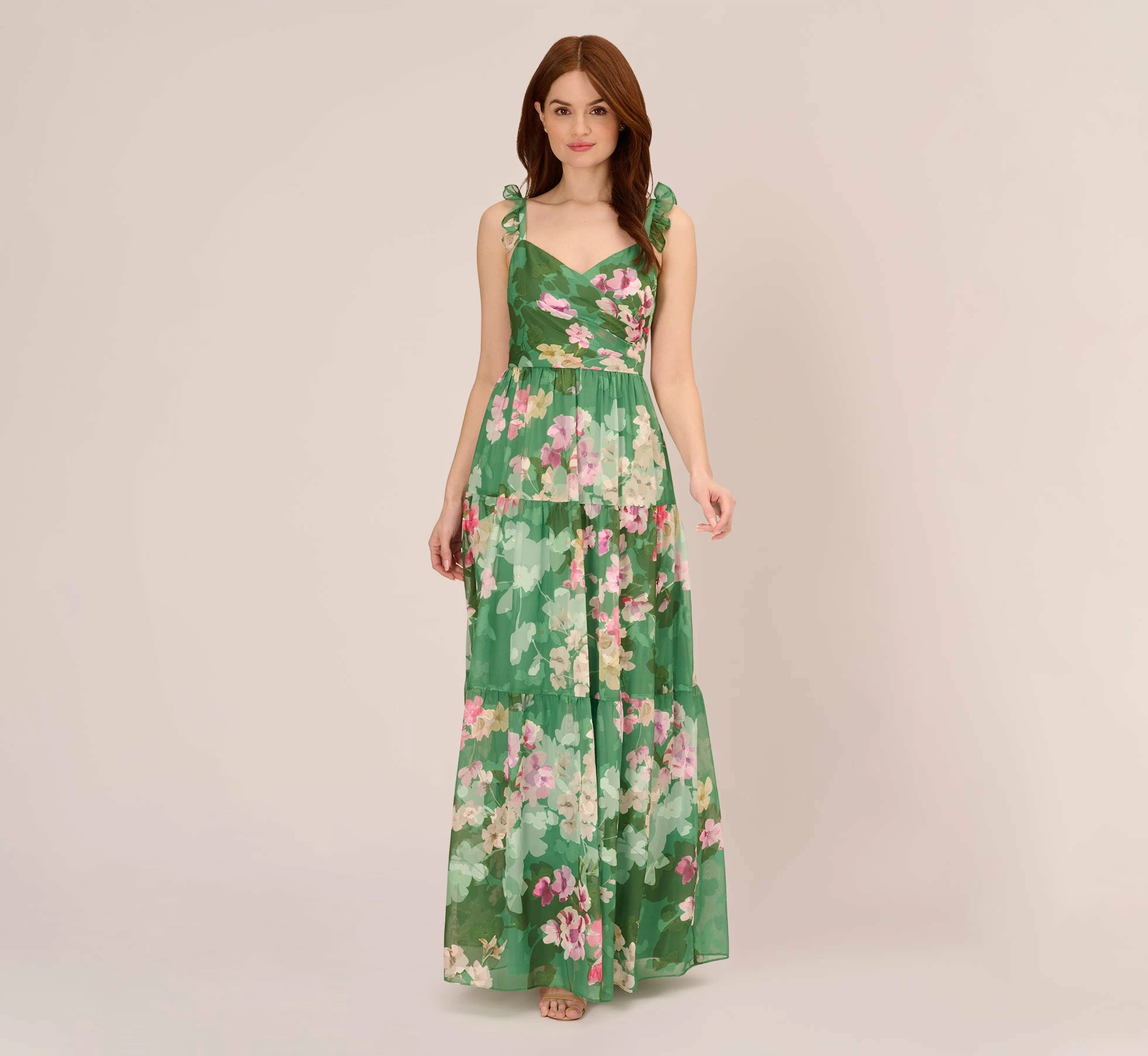 Adrianna Papell Floral Chiffon Tiered Gown With Ruffle Details In Green Multi 2 Adrianna Papell Floral Chiffon Tiered Gown With Ruffle Details In Green Multi - Image 2