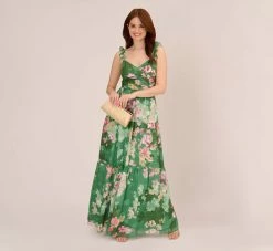 Adrianna Papell Floral Chiffon Tiered Gown With Ruffle Details In Green Multi