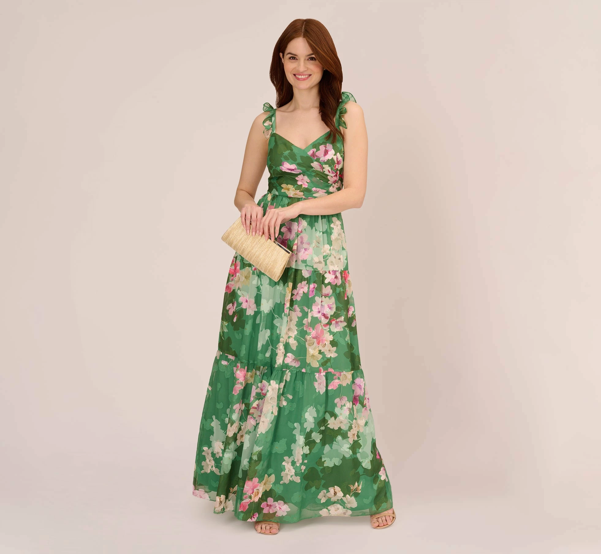 Adrianna Papell Floral Chiffon Tiered Gown With Ruffle Details In Green Multi 1 Adrianna Papell Floral Chiffon Tiered Gown With Ruffle Details In Green Multi