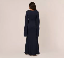 Adrianna Papell Crepe Mermaid Gown With Beaded Cape Sleeves In Midnight -Adrianna Papell Shop AP1E210756 AB411 Regular Back