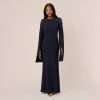 Adrianna Papell Crepe Mermaid Gown With Beaded Cape Sleeves In Midnight