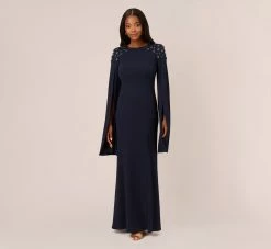 Adrianna Papell Crepe Mermaid Gown With Beaded Cape Sleeves In Midnight